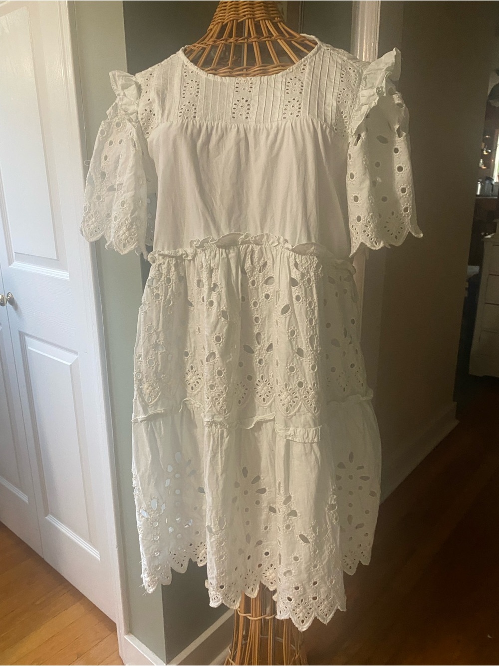 Sea New York White Eyelet Tiered Midi Dress with Ruffled Waist